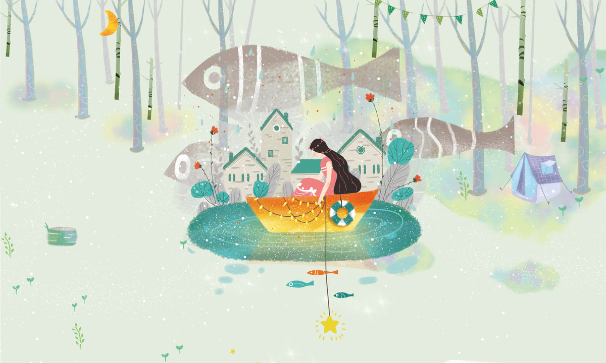 Whimsical Forest Fishing Adventure Mural Wallpaper