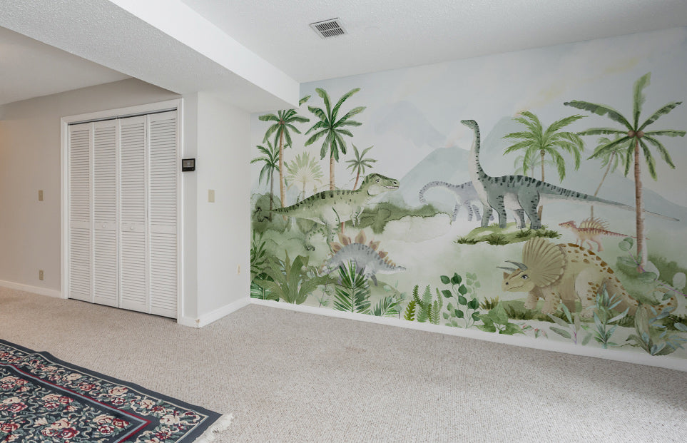 Prehistoric Adventure Mural Wallpaper in playroom