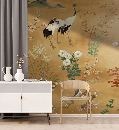 Golden Meadow Cranes Mural Wallpaper in living room