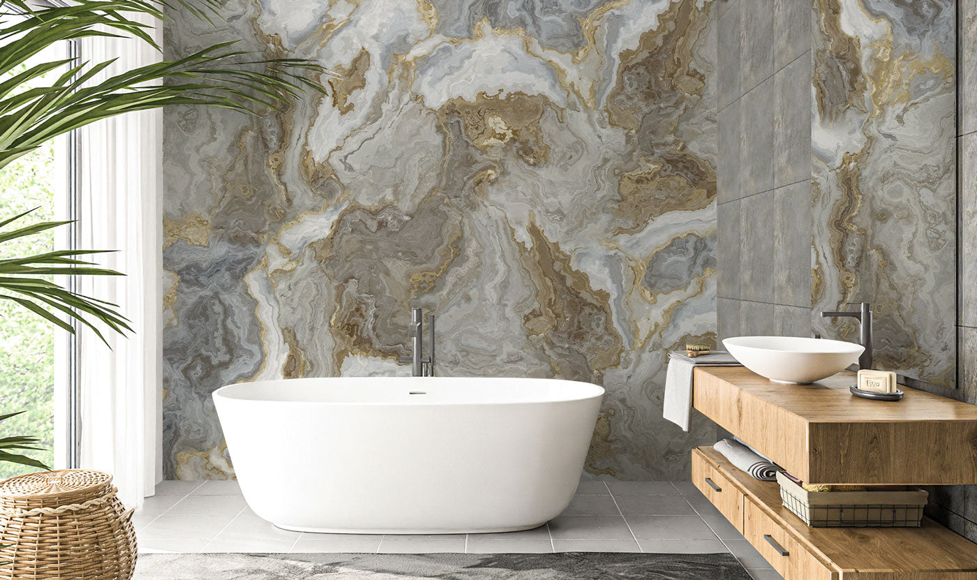 Golden Tide Marble Mural Wallpaper in bathroom