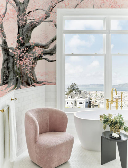 Serene Cherry Blossom Mural Wallpaper in bathroom
