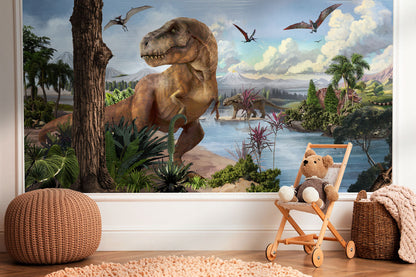 Dinosaur Adventure Prehistoric Landscape Wallpaper in child's room