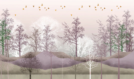 Misty Forest Birds Silhouette Mural Wallpaper