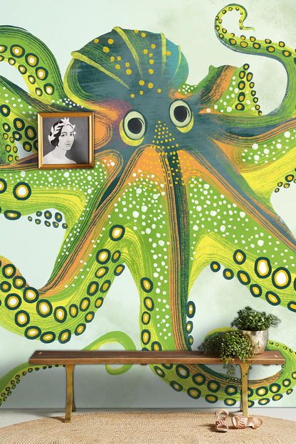 Green Octopus Mural Wallpaper in entryway