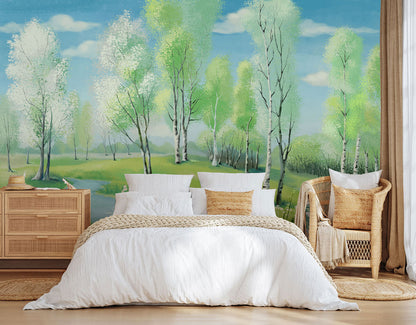 Serene Birch Tree Forest Mural Wallpaper in bedroom