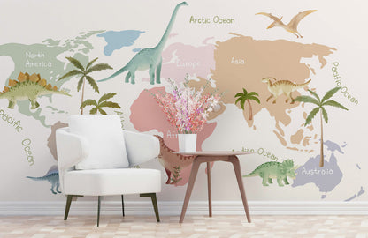Dinosaur World Map Kids Wallpaper in children's room