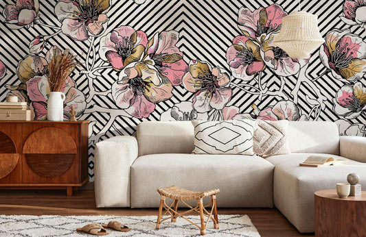 Geometric Blossom Stripe Wallpaper