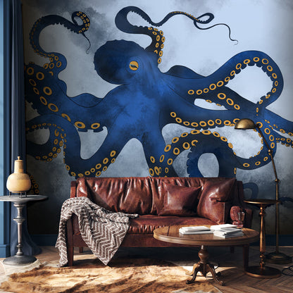 Underwater Octopus Navy Blue Wallpaper in living room