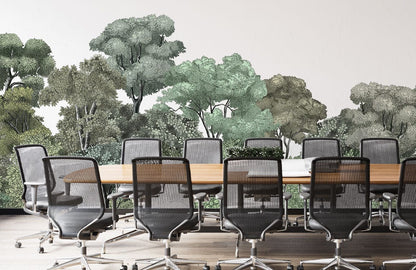 Office with Serene Forest Green Canopy Mural Wallpaper, modern conference chairs, wooden table, hardwood flooring.