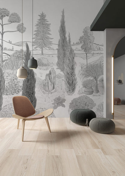 Monochrome Scenic Botanical Forest Wallpaper in living room