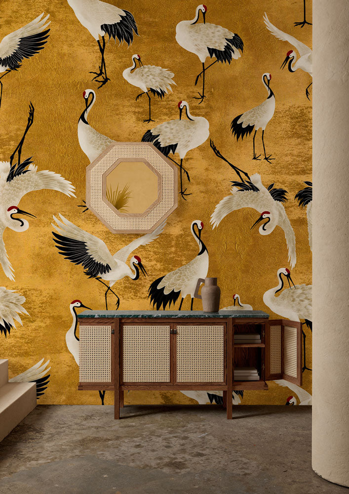 Majestic Heron Nature Landscape Mural Wallpaper in living room