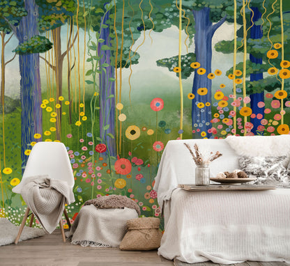 Klimt's Garden Mural Wallpaper in living room