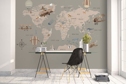 Vintage World Map Adventure Mural Wallpaper in office