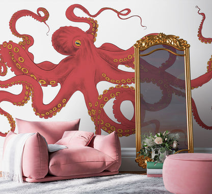 Vibrant Red Octopus Sea Life Wallpaper in living room