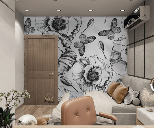 Vector Black & White Poppy Wallpaper Mural in bedroom
