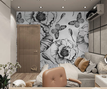 Vector Black & White Poppy Wallpaper Mural in bedroom