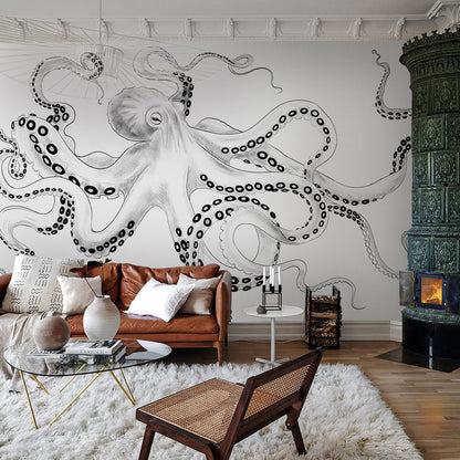 Nautical Black White Octopus Wallpaper in living room
