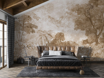 Vintage Botanical Jungle Forest Wallpaper in bedroom