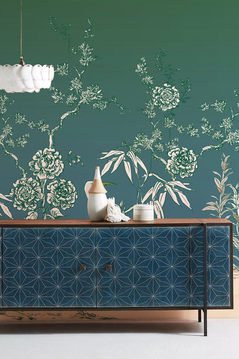 Elegant Green Heron mural with floral patterns, blue geometric sideboard, white pendant lamp, neutral flooring.