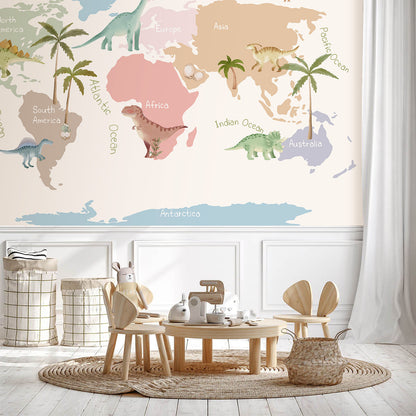 Dinosaur World Map Kids Wallpaper in playroom