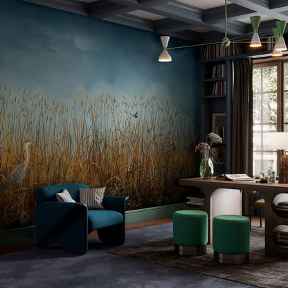 Tranquil Reeds Nature Landscape Mural in living room