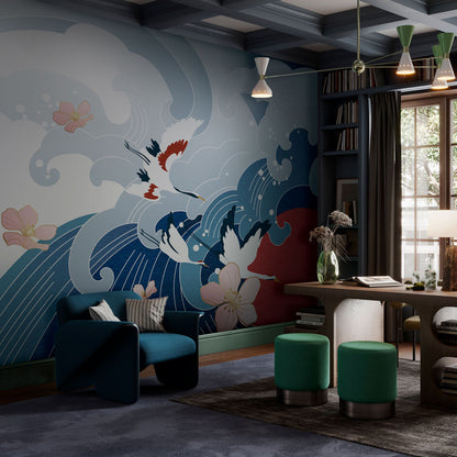 Cherry Blossoms and Ocean Waves Mural Wallpaper in living room