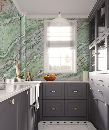 Emerald Serenity Marble Mural Wallpaper in kitchen