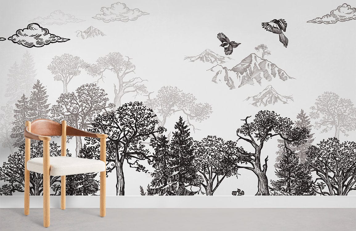 Vintage Nature Landscape Monochrome Mural Wallpaper