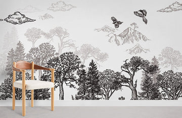 Papier Peint Panoramique Croquis de Montagnes et d'Arbres