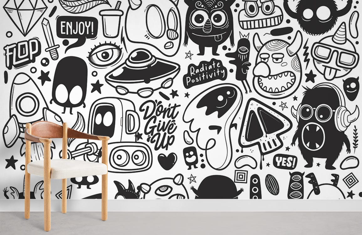 Whimsical Black White Doodle Mural Wallpaper