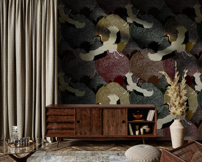 Cranes Over Peaks Mural Wallpaper in living room