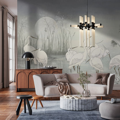 Moonlit Egret Gathering Mural Wallpaper in living room