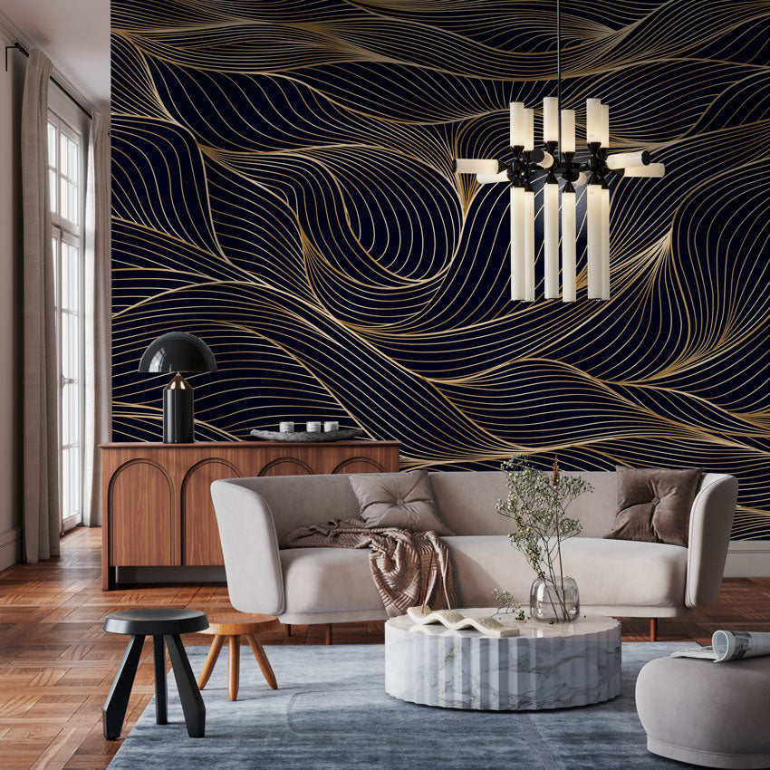 Golden Wave Lines Mural Wallpaper