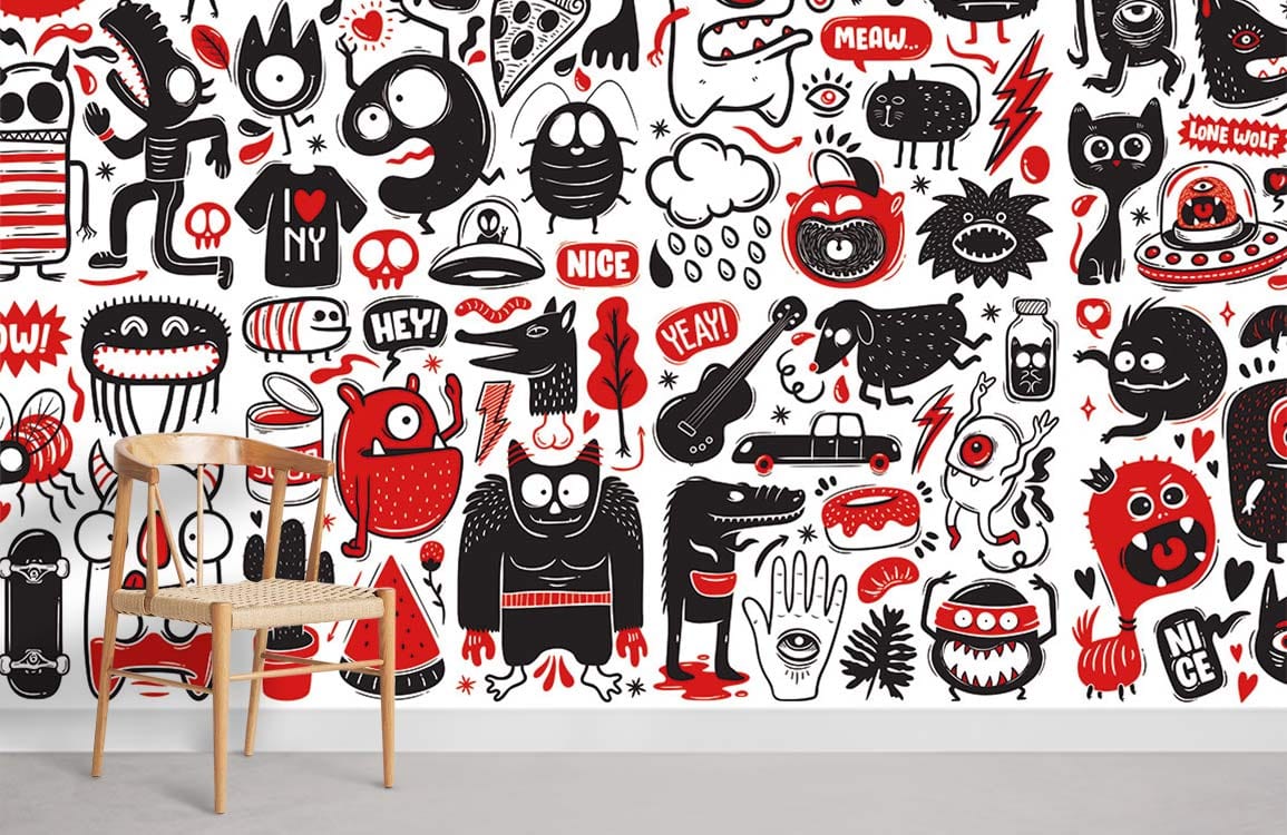 Black White Red Funky Graphics Mural Wallpaper