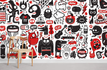 Black White Red Funky Graphics Mural Wallpaper
