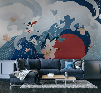 Cherry Blossoms and Ocean Waves Mural Wallpaper in living room
