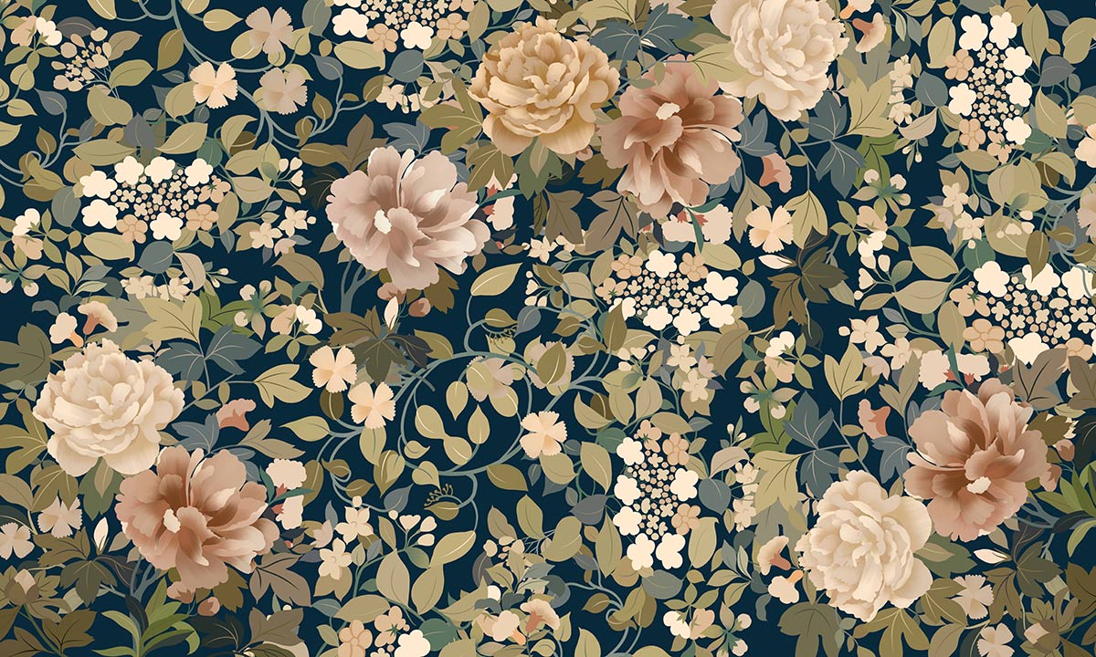Papier peint mural floral vintage bleu marine élégant