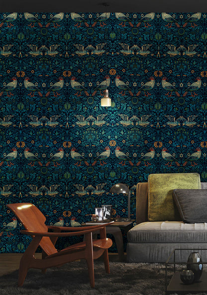 Midnight Songbird Harmony Mural Wallpaper in living room