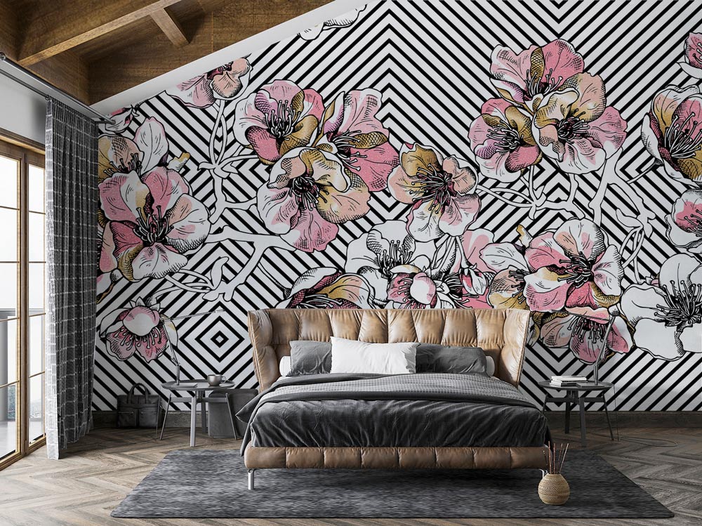 Geometric Blossom Stripe Wallpaper