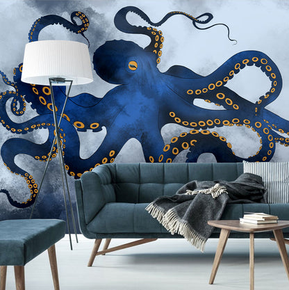 Underwater Octopus Navy Blue Wallpaper in living room