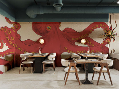 Vibrant Red Octopus Sea Life Wallpaper in dining area