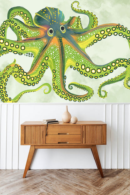Green Octopus Mural Wallpaper in living room