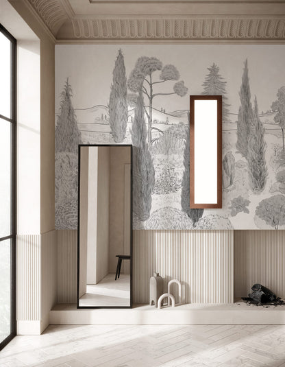 Monochrome Scenic Botanical Forest Wallpaper in entryway