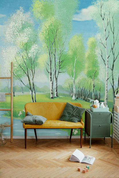 Serene Birch Tree Forest Mural Wallpaper in living room