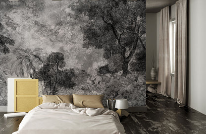 Monochrome Forest Landscape Wall Mural in bedroom