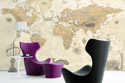 Beige World Map Vintage Wallpaper in living room