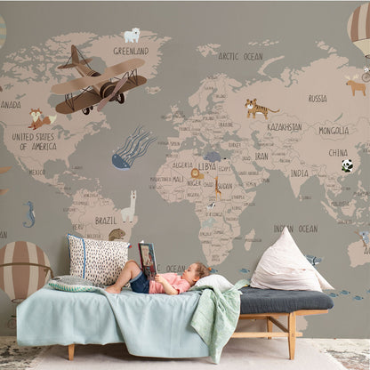 Vintage World Map Adventure Mural Wallpaper in bedroom