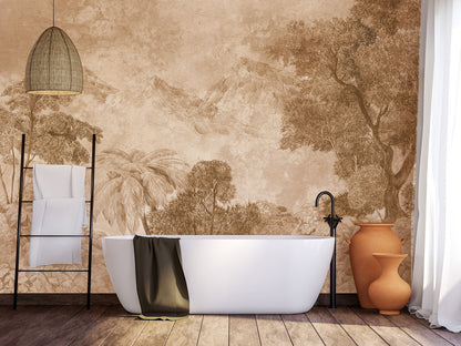 Vintage Botanical Jungle Forest Wallpaper in bathroom