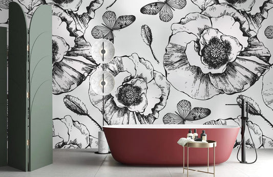 Vector Black & White Poppy Wallpaper Mural in bathroom