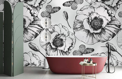Vector Black & White Poppy Wallpaper Mural in bathroom